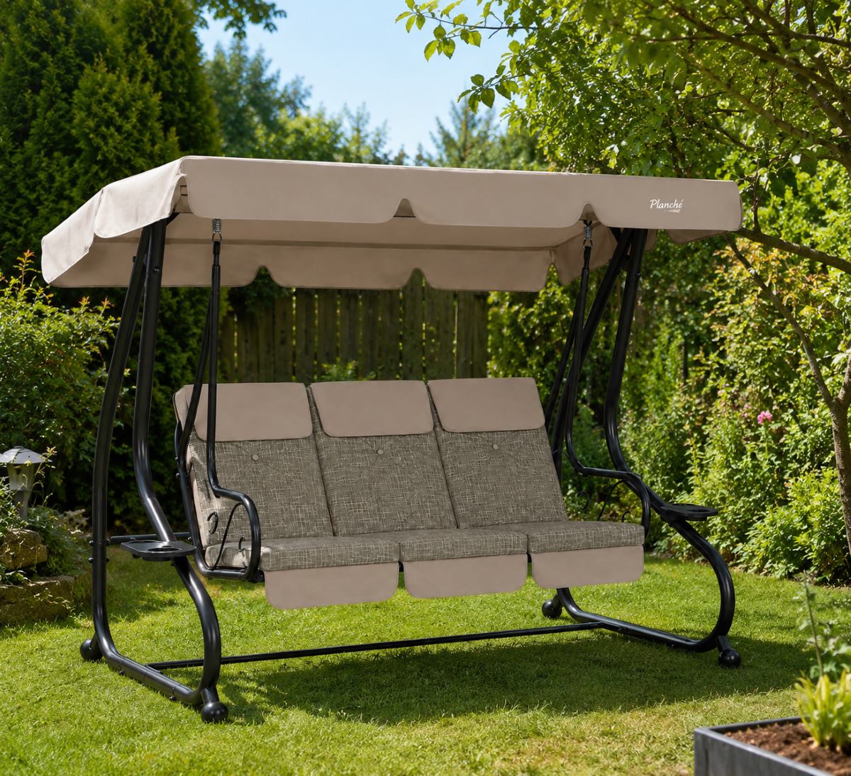 GardenLine Luxusní zahradní houpačka s lůžkem a držáky na nápoje pro 3 osoby 200 × 120 × 164 cm SORENTINO Mesh Taupe béžová